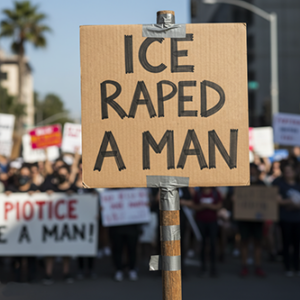 Protest sign reading "ICE RAPED A MAN" held at a public demonstration with crowds and palm trees in the background